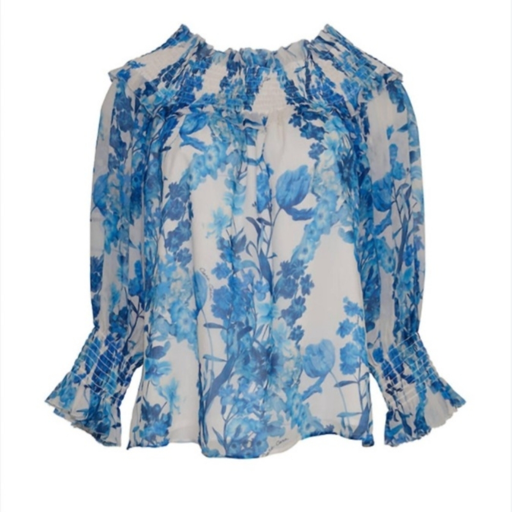 Cara Cara Blue Floral Off Shoulder Smocked Patrizia Blouse Size XS Silk NEW NWT